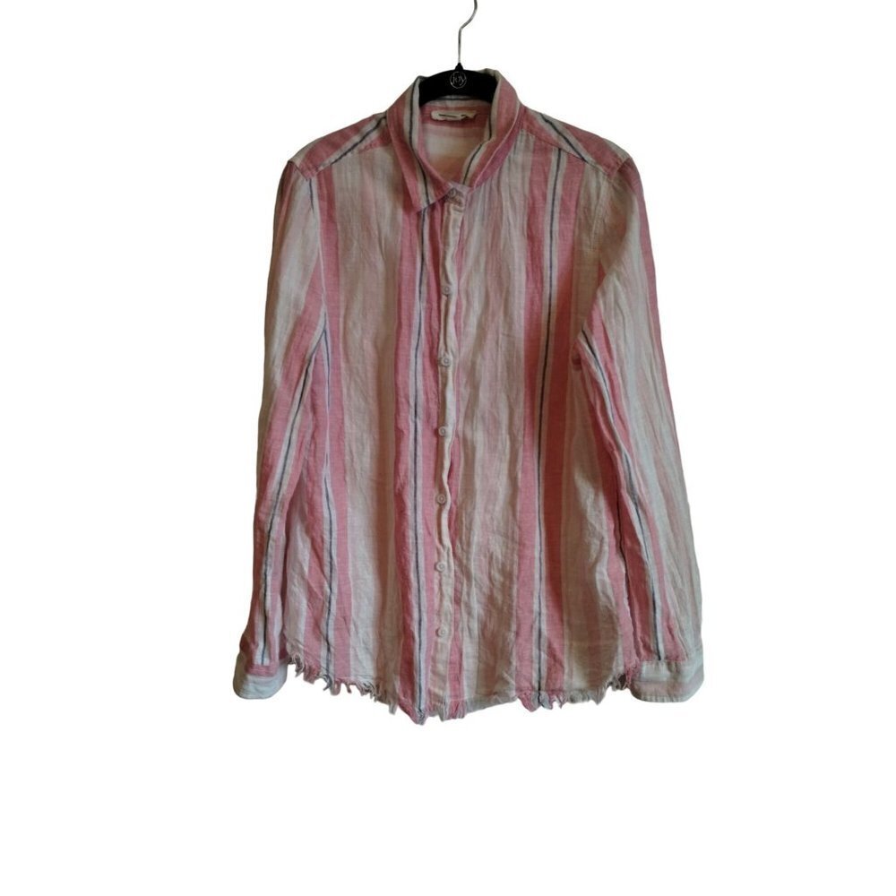 Beach Lunch Lounge linen blend striped fringe bottom button down